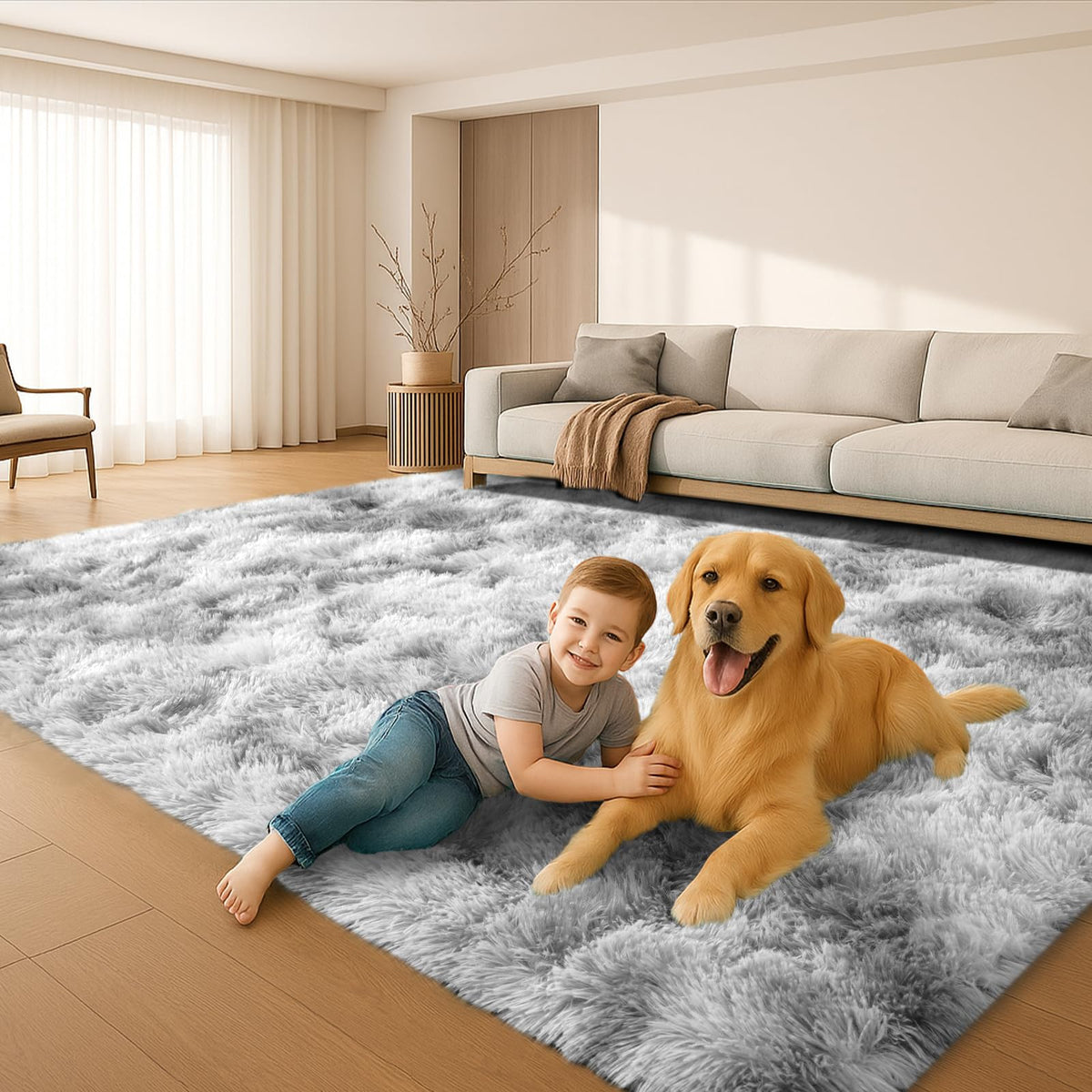 8x10 Cream Fluffy Shag Area Rug, Non-Slip Soft Carpet for Home