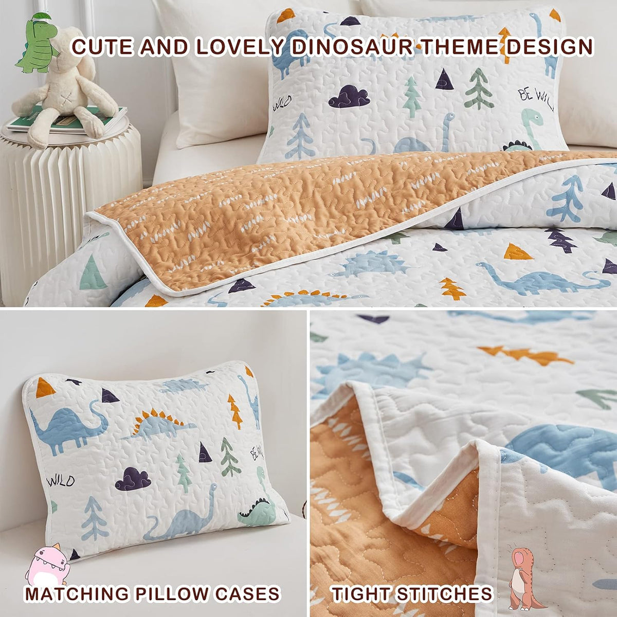 Joyreap 3-Piece Cotton Quilt Set Full/Queen, Cute Dinosaur Reversible Design for Kids Boys n Girls, Breathable Quilt Bedspread Bed Cover for All Season, 1 Quilt and 2 Pillow Shams- 90x90 inches