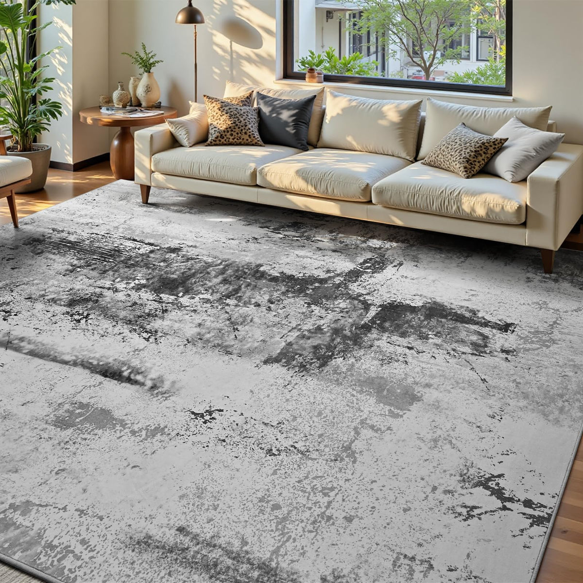 Living Room Rug 5x7 Gray Area Rug Machine Washable Boho Rug Non Slip Abstract Vintage Indoor Large Rugs for Bedroom, Classroom, College Dorm, Farmhouse, Dining Room, Kids Playroom