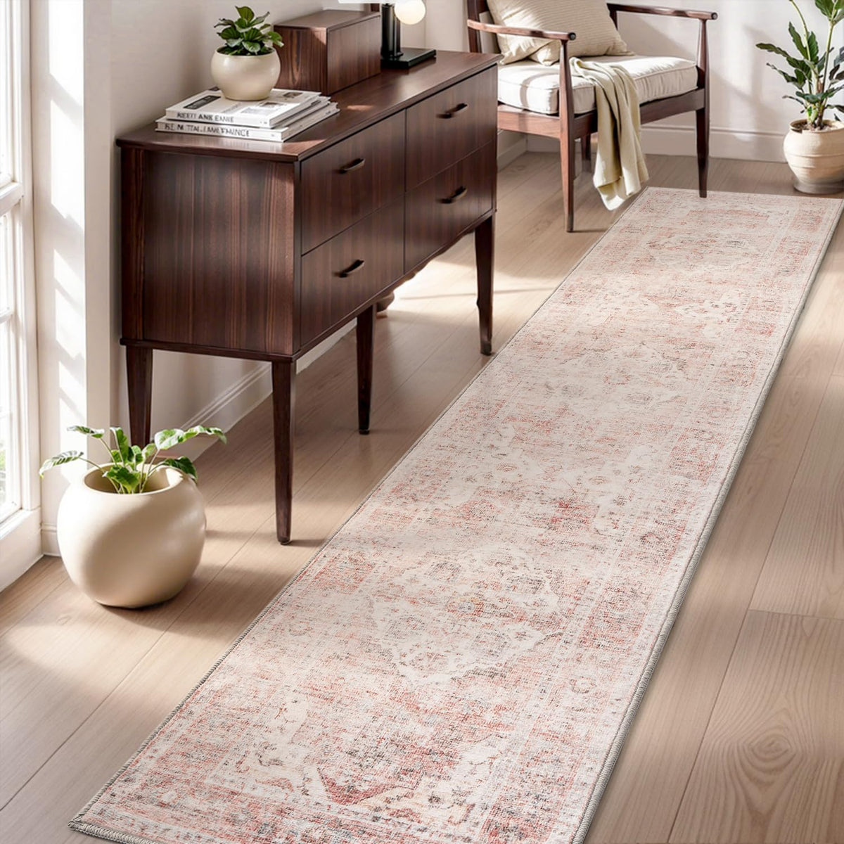 AMOAMI-Area Rug 5X7 Rugs for Living Room-Vintage Soft Beige Rugs for Bedroom-Non Slip Carpet-Machine Washable Rug for Dining Room Living Room Bedroom Office Under Table-Beige
