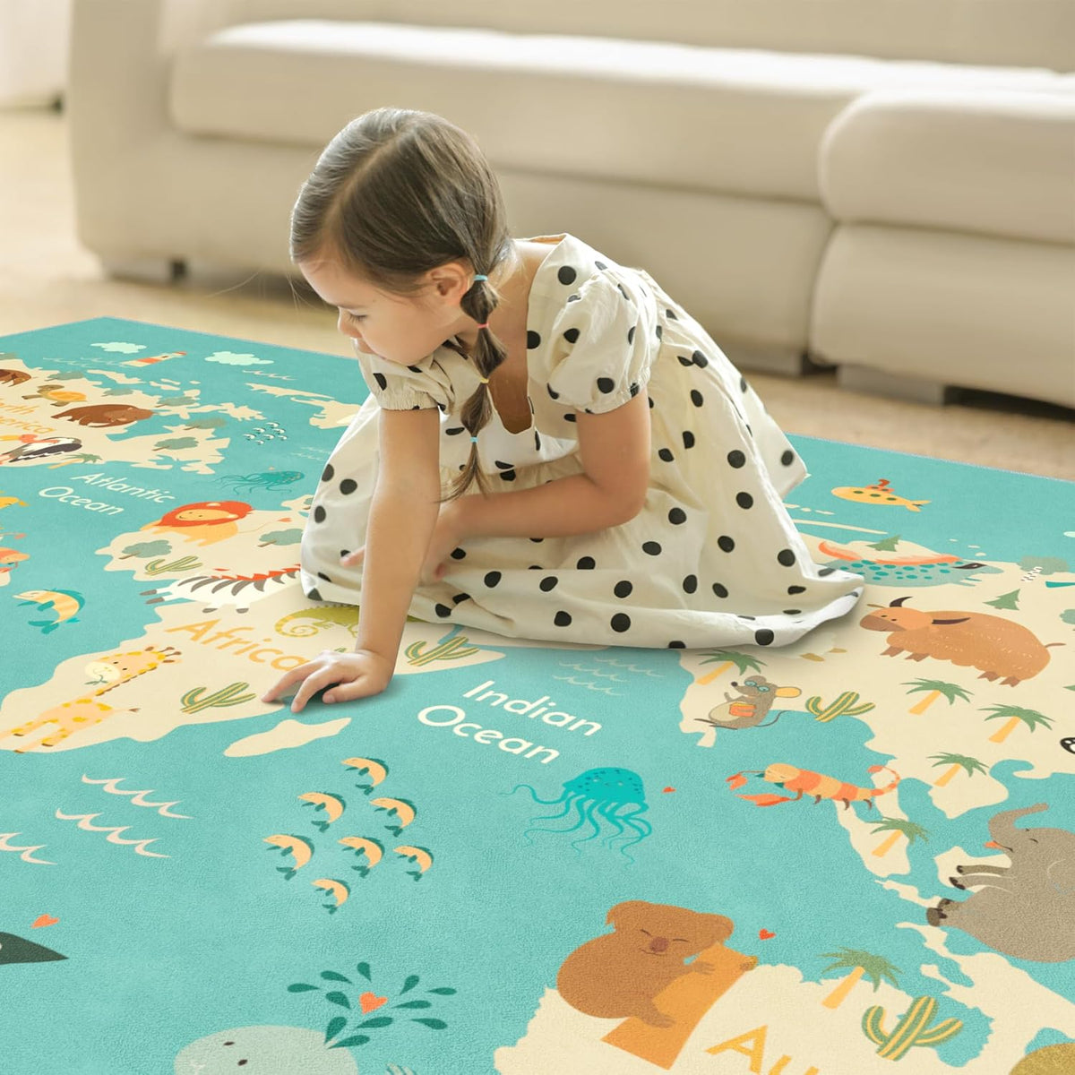 Hazo Haus Washable Kids Playroom Rug – 5x7 Play Rug for Preschool Toddlers, Girls, Educational with Cute Animals – Non-Slip, Stain Resistant, Soft & Safe for Bedroom, Play Room and Classroom - Blue