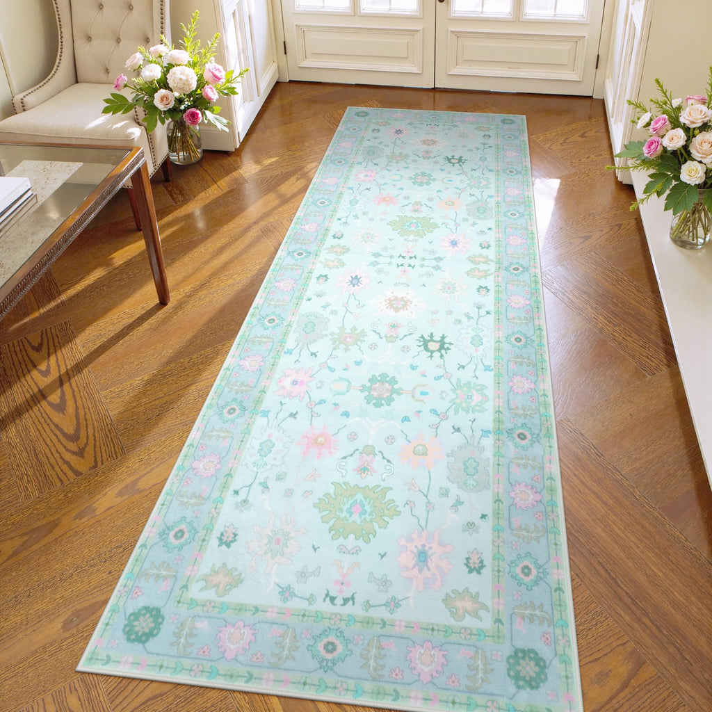 LIVEBOX Washable Oushak Rug Non Slip 8 x 10 Rugs for Living Room, Soft Turkish Rug for Bedroom, Boho Floral Mat Large Indoor Carprt for Kids Nursery, Dining Room, Home Office, Blue