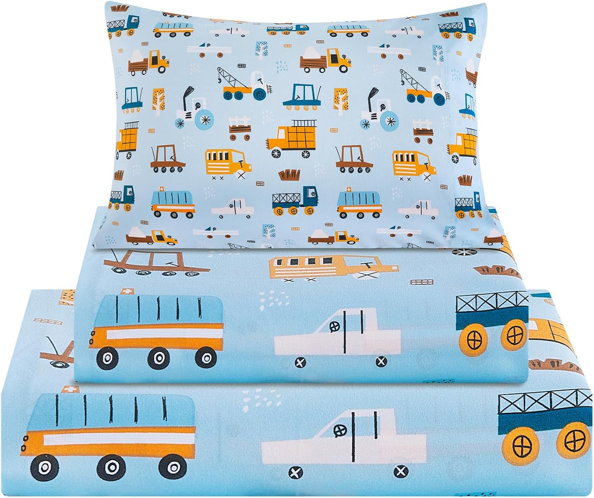 Viviland 3 Pieces Boys Blue Truck Twin Sheet Set - Soft Microfiber Fitted Flat Sheets & Pillowcase - Construction Truck Bedding Sets - for Kids & Toddlers