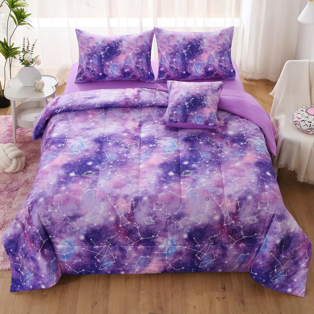JQinHome Twin Pink Purple Comforter Set, 6 Piece Bed in A Bag 3D Colorful Bedding Set for Girls Kids (1 Comforter,2 Pillowcases,1 Flat Sheet,1 Fitted Sheet,1 Cushion Cover)(Pink Purple)