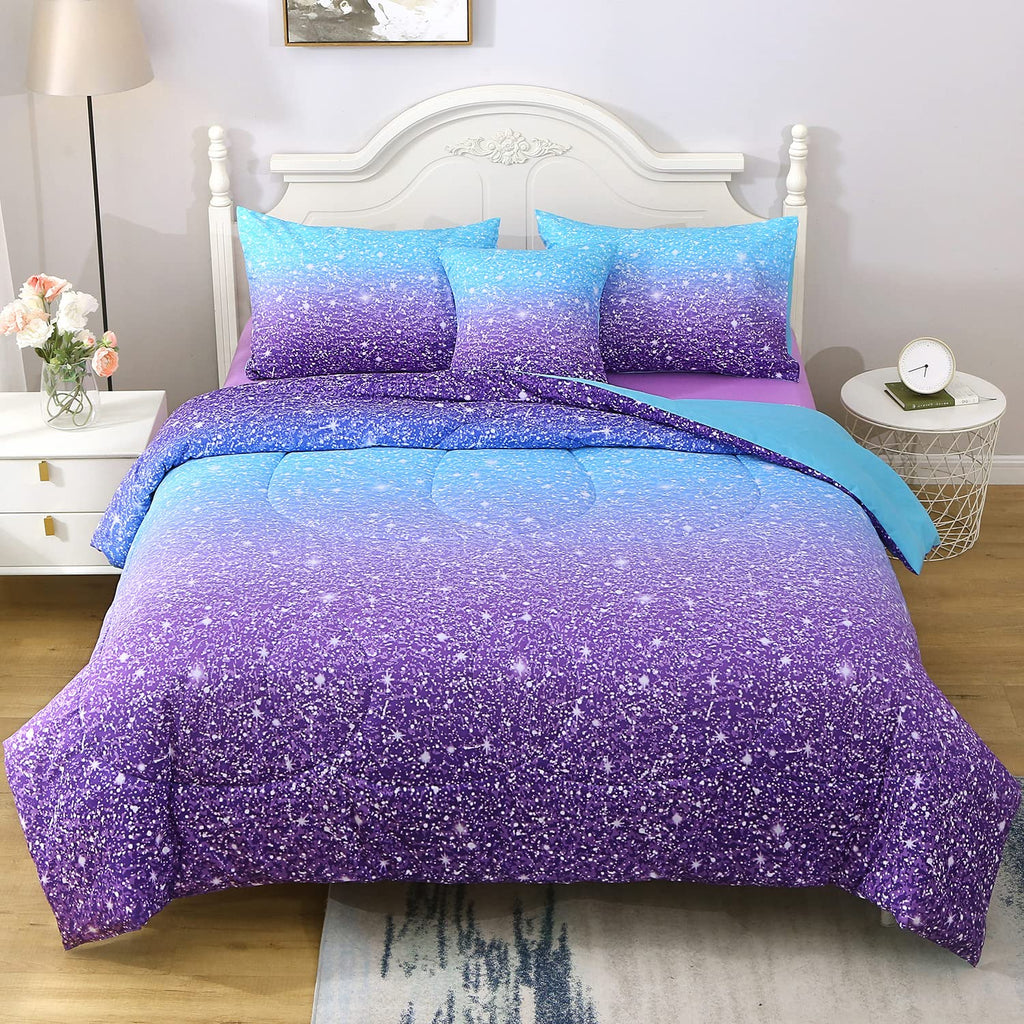 JQinHome Twin Pink Purple Comforter Set, 6 Piece Bed in A Bag 3D Colorful Bedding Set for Girls Kids (1 Comforter,2 Pillowcases,1 Flat Sheet,1 Fitted Sheet,1 Cushion Cover)(Pink Purple)