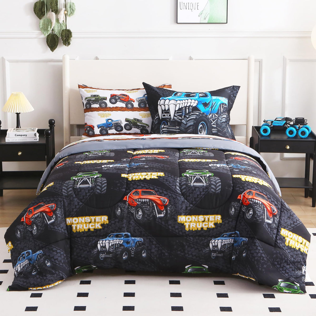 lasoftan Kids' Monster Truck Bedding Set, 7-Piece Soft Fluffy Bed-in-a-Bag with Comforter, Fitted Sheet, Flat Sheet, Pillowcase, Pillow Sham, Deep Pocket 15", All-Season, Monster Jam, Full