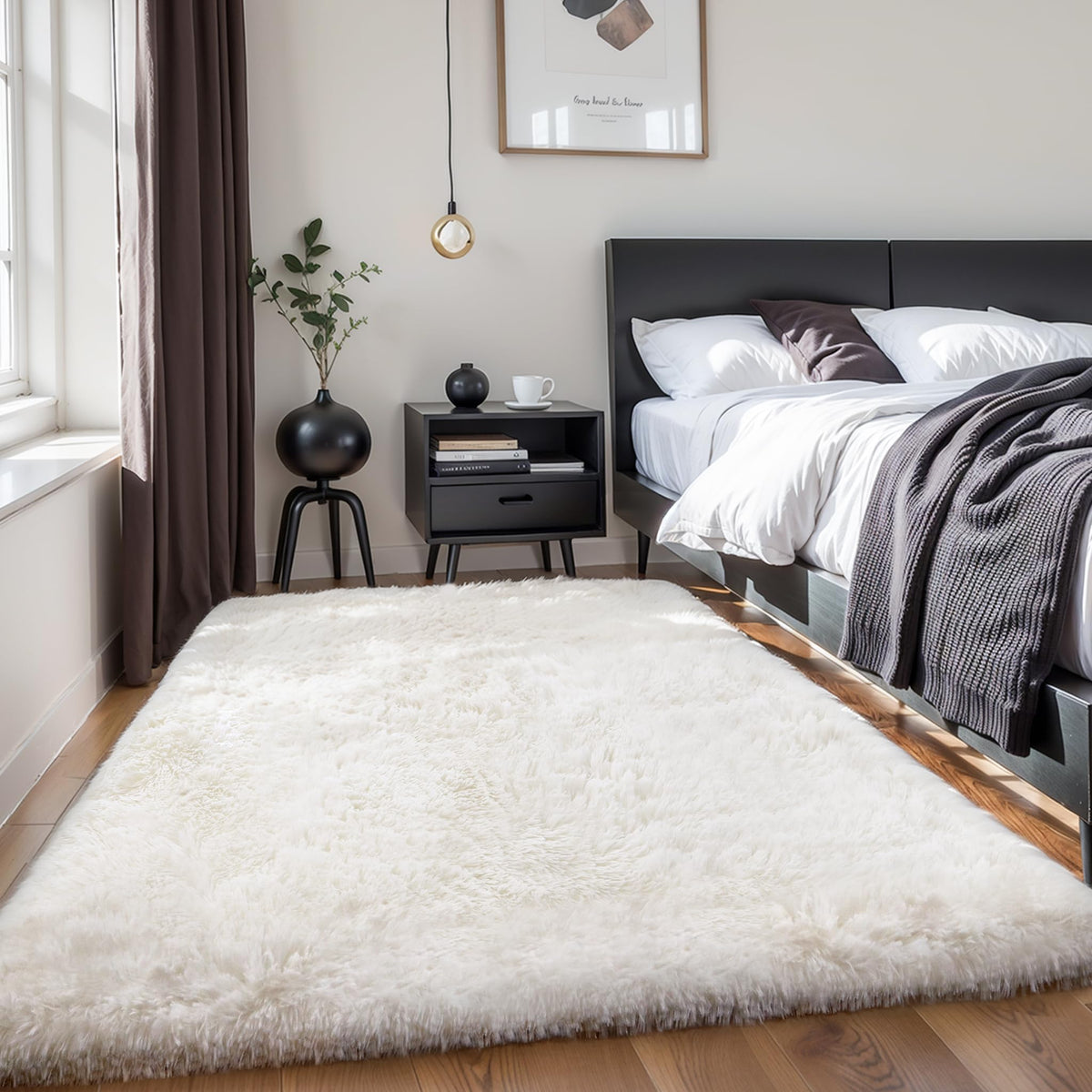 4x6 Light Grey Fluffy Shag Rug for Bedroom, Plush Washable Carpet