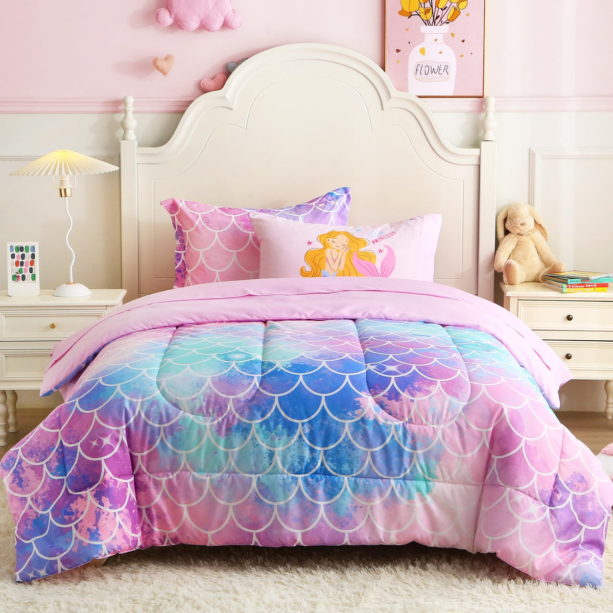 lasoftan Kids' Monster Truck Bedding Set, 7-Piece Soft Fluffy Bed-in-a-Bag with Comforter, Fitted Sheet, Flat Sheet, Pillowcase, Pillow Sham, Deep Pocket 15", All-Season, Monster Jam, Full