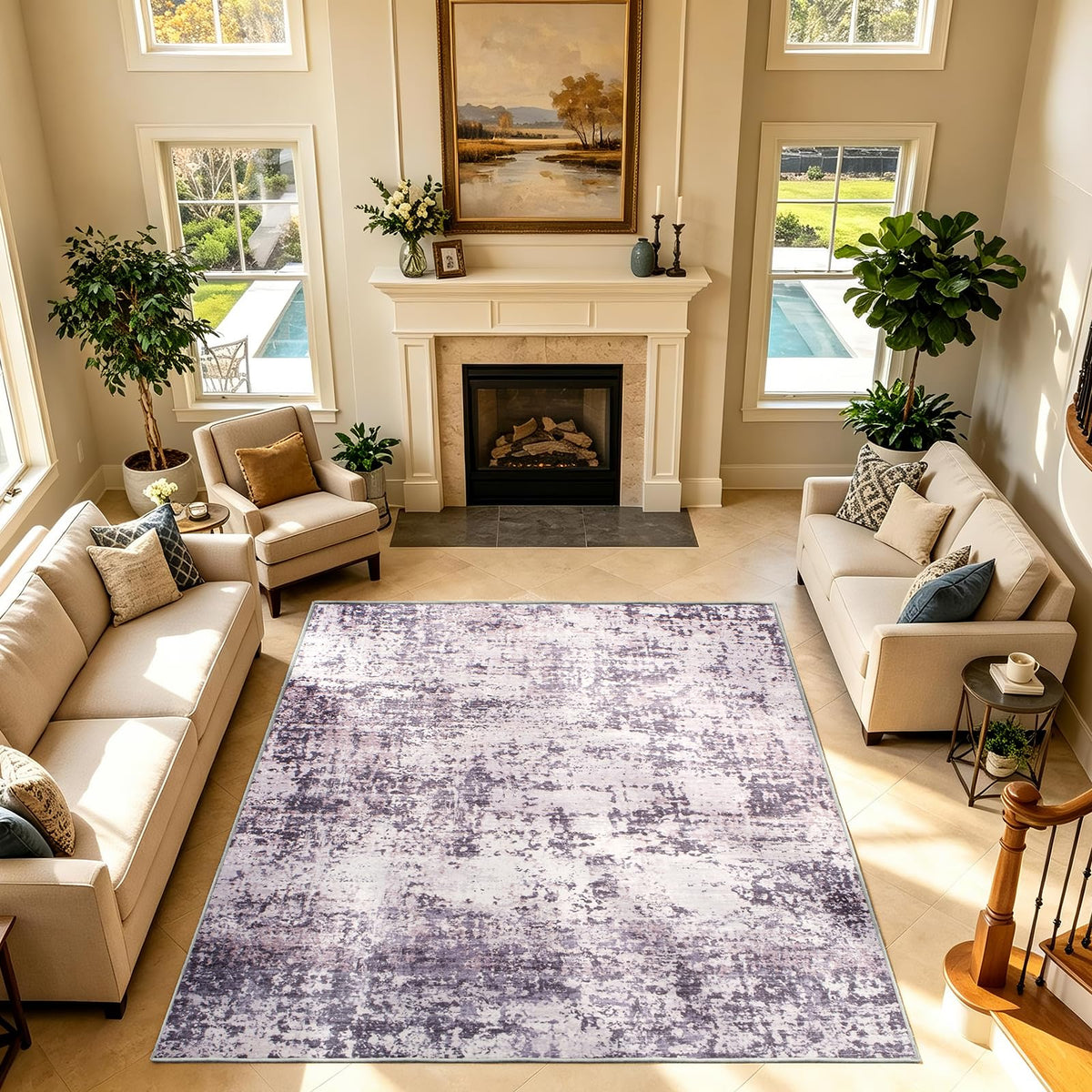 5x7 Area Rugs Living Room Rug Abstract Washable Rug Non-Slip Soft Low Pile Indoor Floor Stain Resistant Thin Carpet for Bedroom Dining Room Home Office Farmhouse Nursery - Light Gray & Cream 5' x 7'