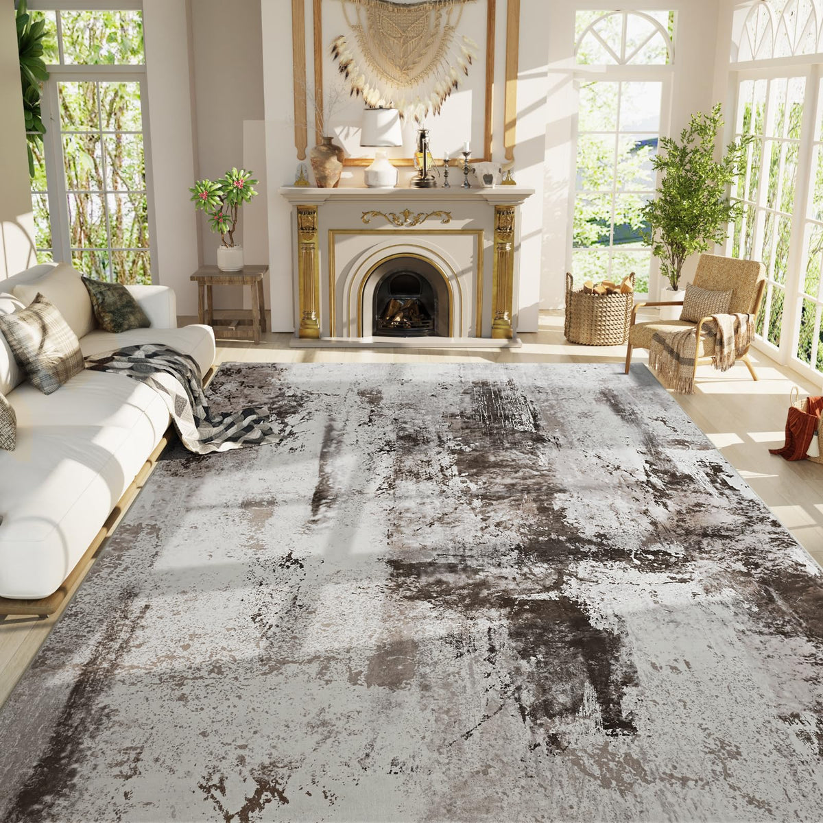Living Room Rug 5x7 Gray Area Rug Machine Washable Boho Rug Non Slip Abstract Vintage Indoor Large Rugs for Bedroom, Classroom, College Dorm, Farmhouse, Dining Room, Kids Playroom