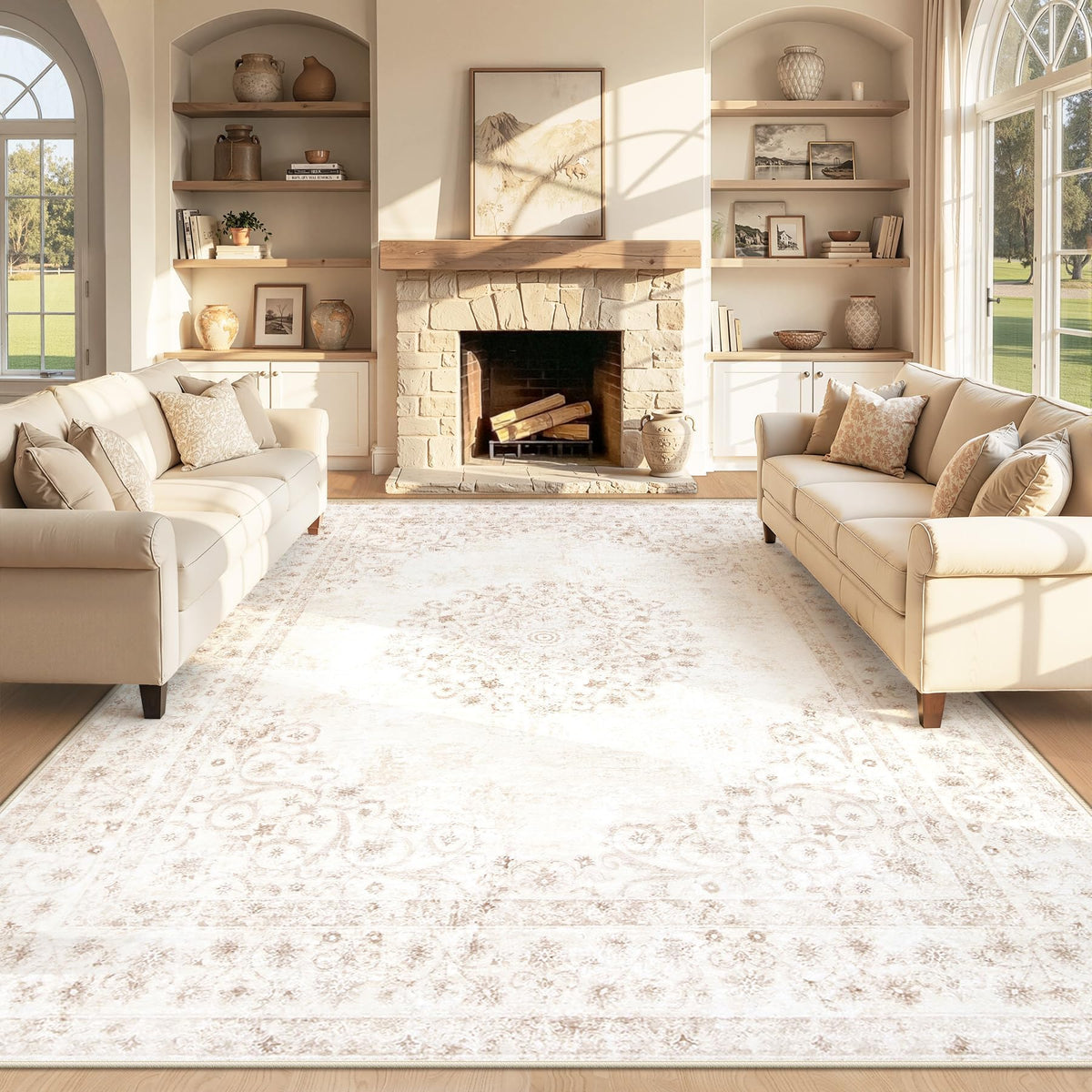 Area Rug 5x7 Vintage Rug: Washable Indoor Medallion Rugs Low Pile Distressed Floor Carpet Retro Accent Rug for Living Room Bedroom Kitchen Dining Table Home Office(Beige, 5'x7')
