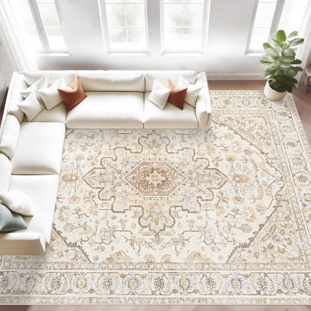 Area Rug 5x7 Vintage Rugs: Washable Living Room Rug Retro Medallion Distressed Large Rug Soft Low Pile Non-Slip Rugs Indoor Floor Carpet for Bedroom Kitchen Nursery Dining Table Office (Beige/Brown)
