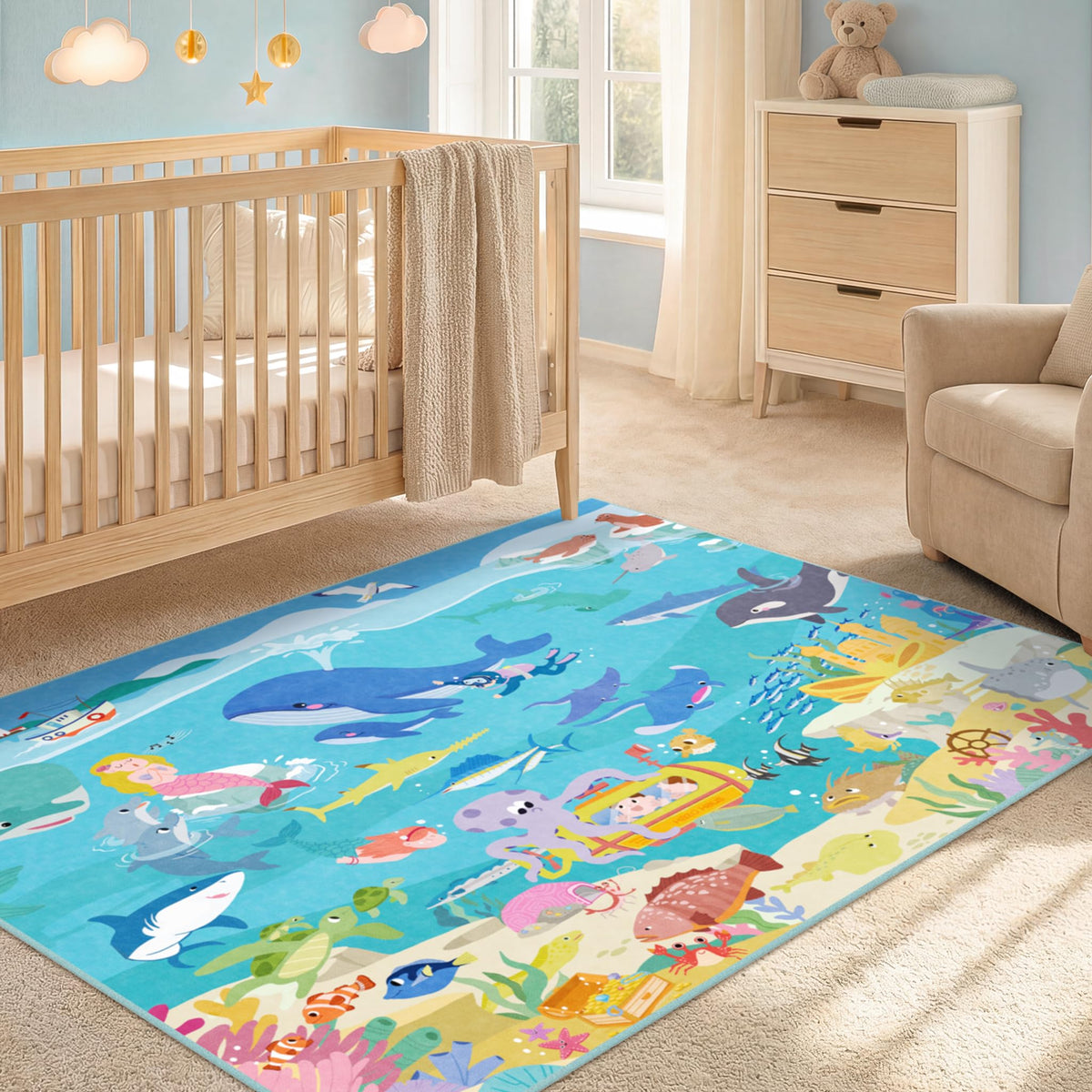Hazo Haus Washable Kids Playroom Rug – 5x7 Play Rug for Preschool Toddlers, Girls, Educational with Cute Animals – Non-Slip, Stain Resistant, Soft & Safe for Bedroom, Play Room and Classroom - Blue