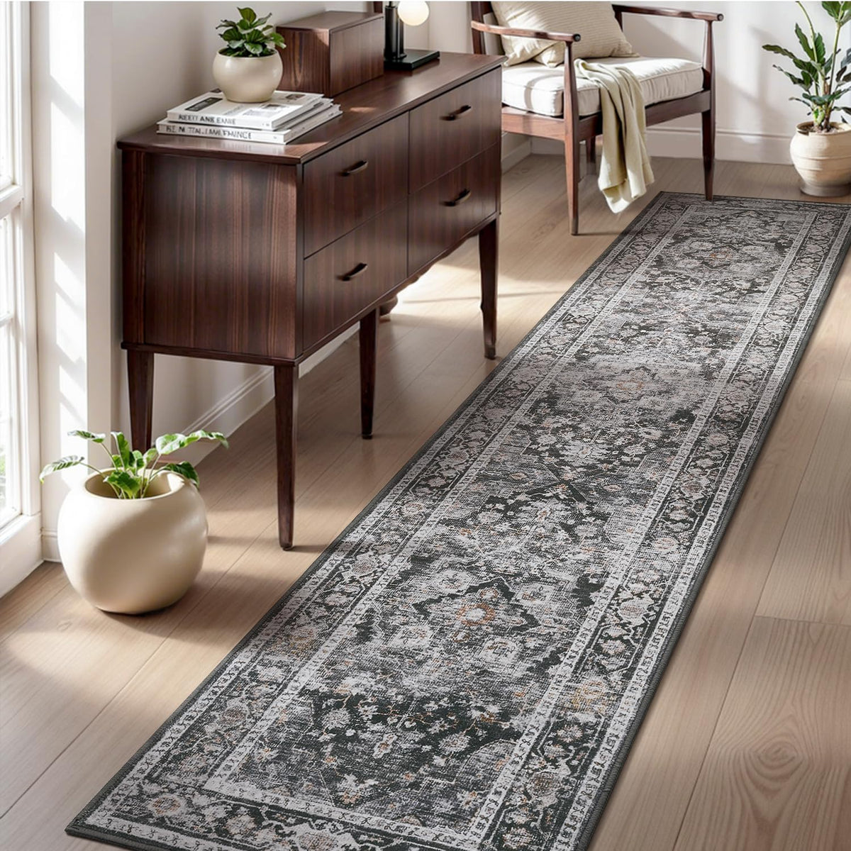 AMOAMI-Area Rug 5X7 Rugs for Living Room-Vintage Soft Beige Rugs for Bedroom-Non Slip Carpet-Machine Washable Rug for Dining Room Living Room Bedroom Office Under Table-Beige