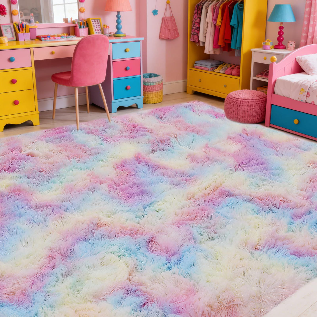 8x10 Cream Fluffy Shag Area Rug, Non-Slip Soft Carpet for Home
