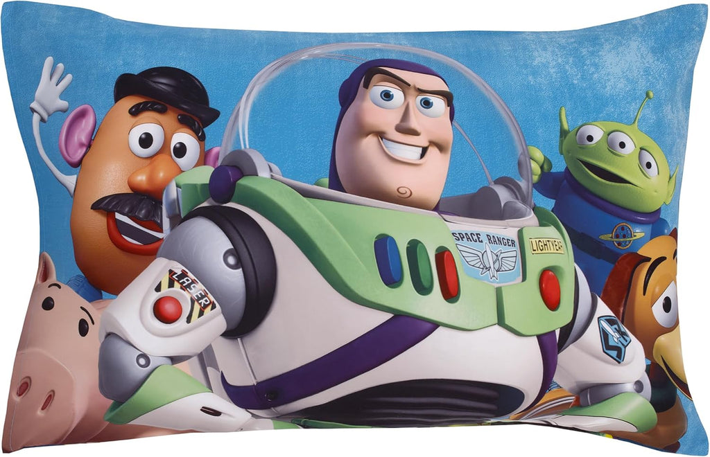 NoJo Disney Toy Story Taking Action Blue, Green and Yellow 4 Piece Toddler Bed Set - Comforter, Fitted Bottom Sheet, Flat Top Sheet, and Reversible Pillowcase