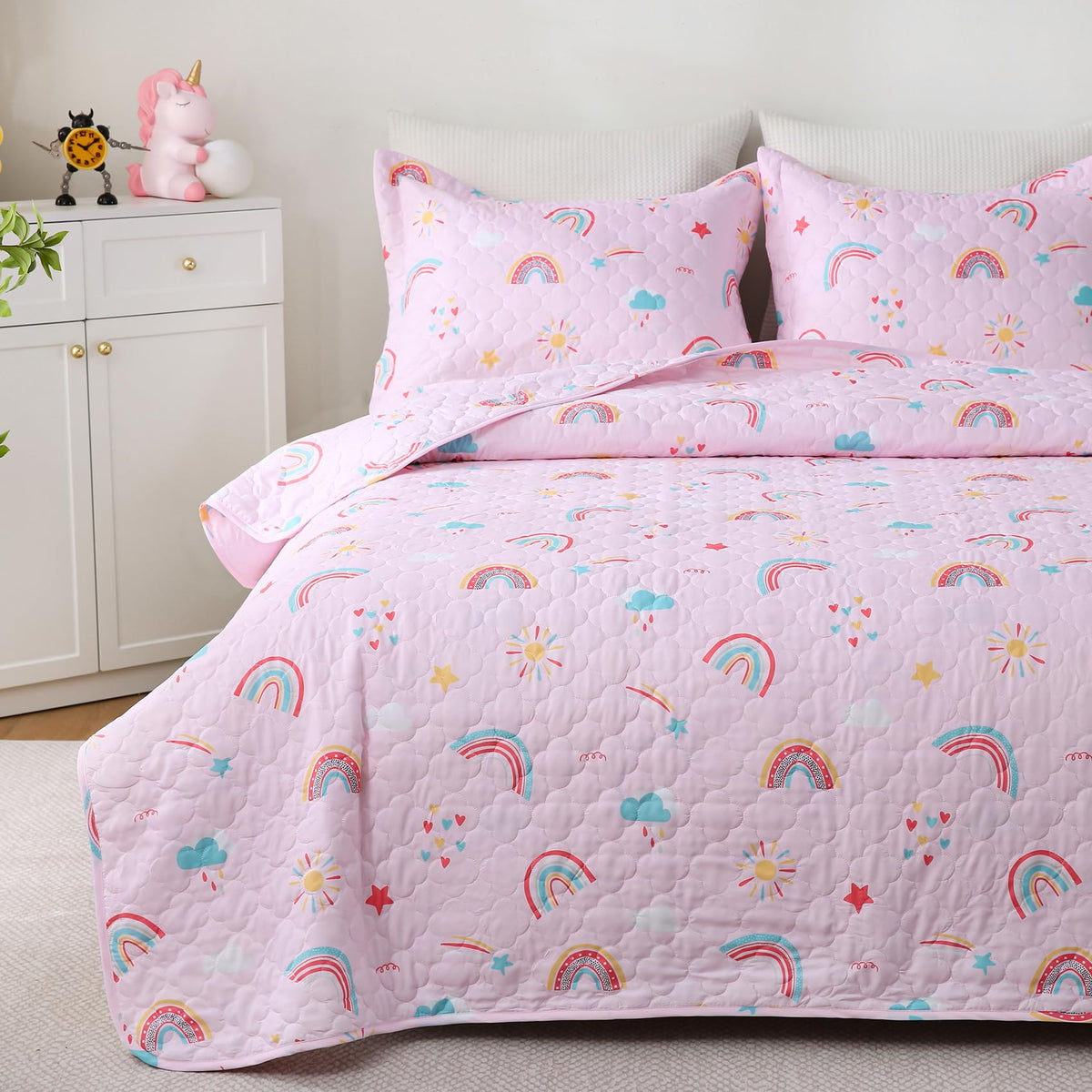 Dinosaur Space Rocket Themed Quilt Set Full Size for Boys,3 Pieces