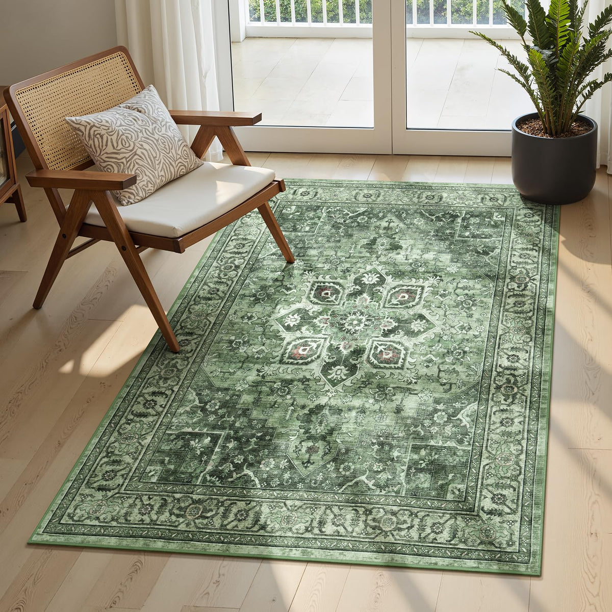 Sage Green 8x10 Area Rug for Living Room, Vintage Boho Large Carpet