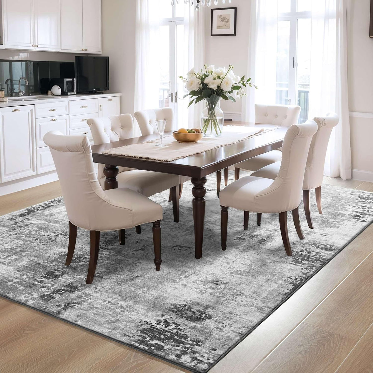 Living Room Rug 5x7 Gray Area Rug Machine Washable Boho Rug Non Slip Abstract Vintage Indoor Large Rugs for Bedroom, Classroom, College Dorm, Farmhouse, Dining Room, Kids Playroom