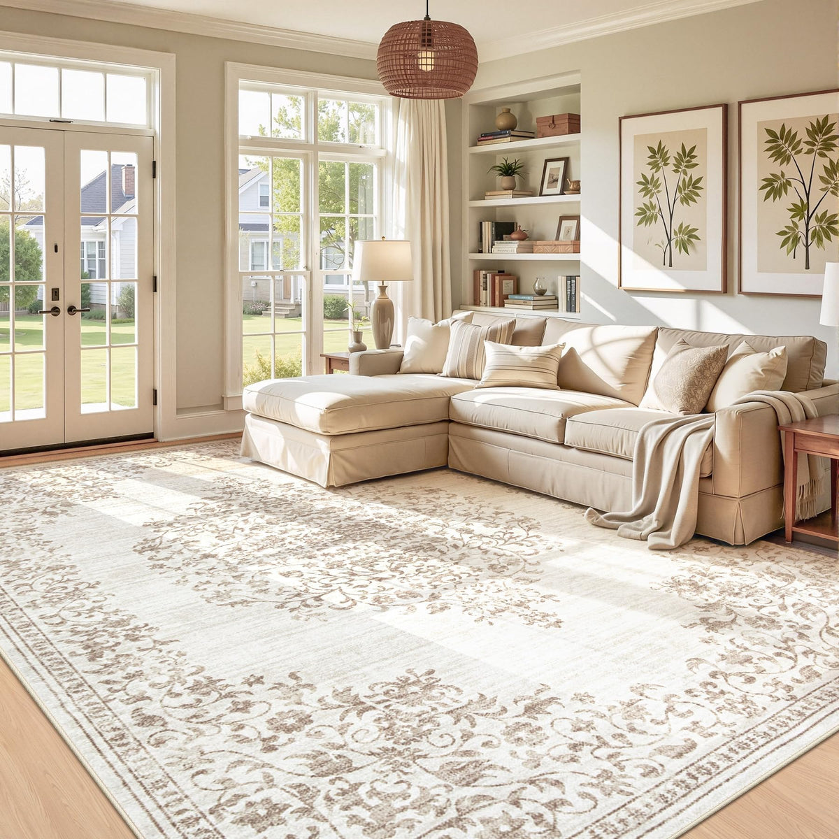 Area Rug 5x7 Vintage Rug: Washable Indoor Medallion Rugs Low Pile Distressed Floor Carpet Retro Accent Rug for Living Room Bedroom Kitchen Dining Table Home Office(Beige, 5'x7')