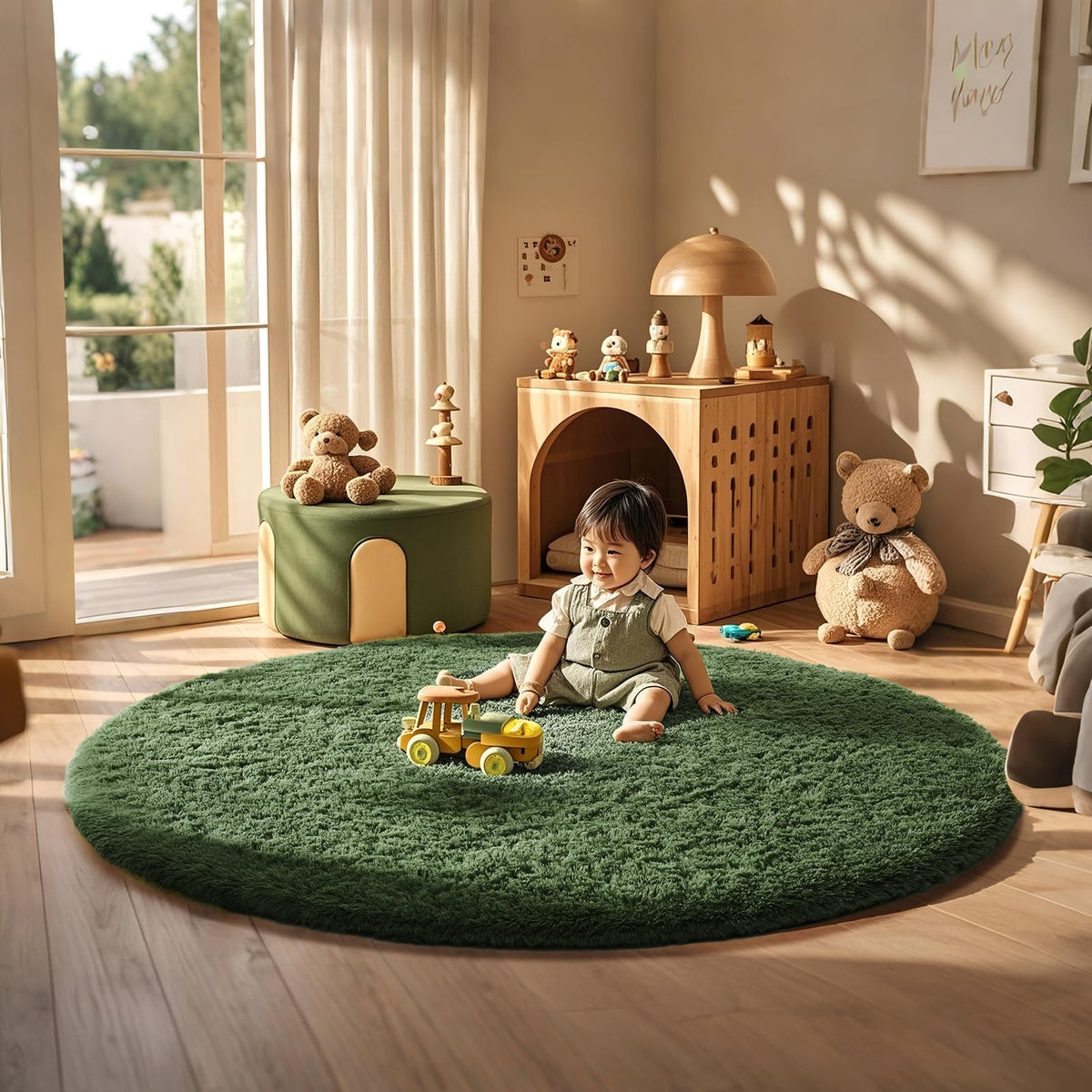 Ophanie Round Rugs 5Ft Ivory Circle Area Rug,Baby Nursery Living Room Bedroom Decor Circular Carpet 5 Foot,Fluffy Fuzzy Shag Plush Cream for Kids Boys Girls Teen with Over 99 pcs Pile fibers