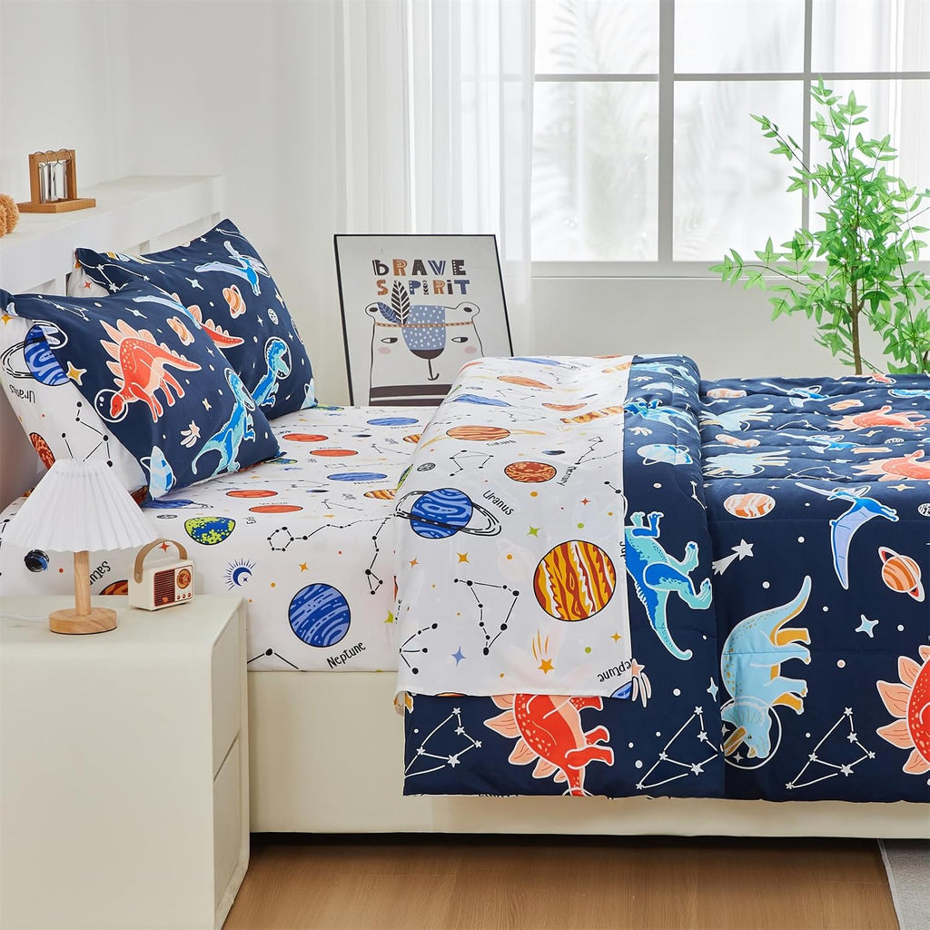 NTBED 5Pcs Glow in The Dark Kids Comforter Set Dinosaur Twin Bedding Set