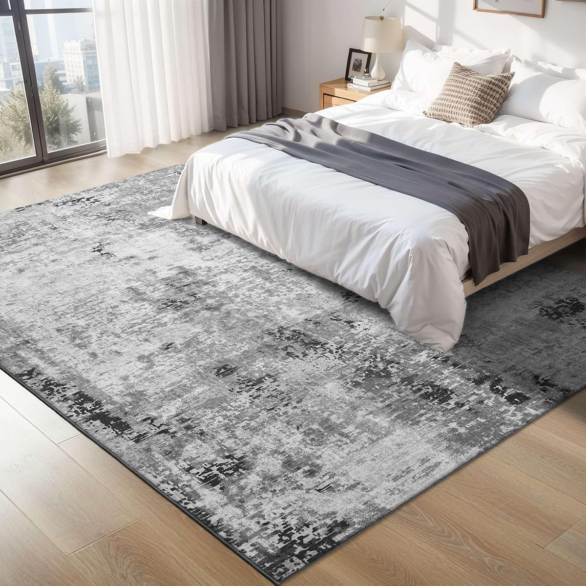 Living Room Rug 5x7 Gray Area Rug Machine Washable Boho Rug Non Slip Abstract Vintage Indoor Large Rugs for Bedroom, Classroom, College Dorm, Farmhouse, Dining Room, Kids Playroom