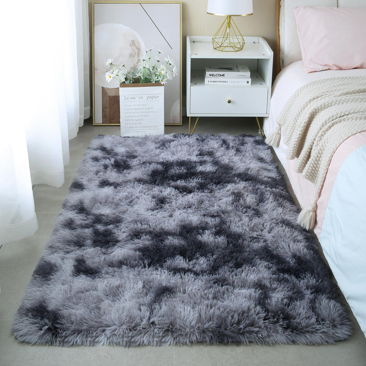 4x6 Light Grey Fluffy Shag Rug for Bedroom, Plush Washable Carpet