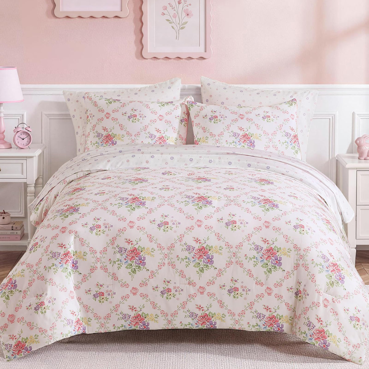 Twin XL Comforter Set for Girls - 5 Pieces Pink Floral Bed in a Bag