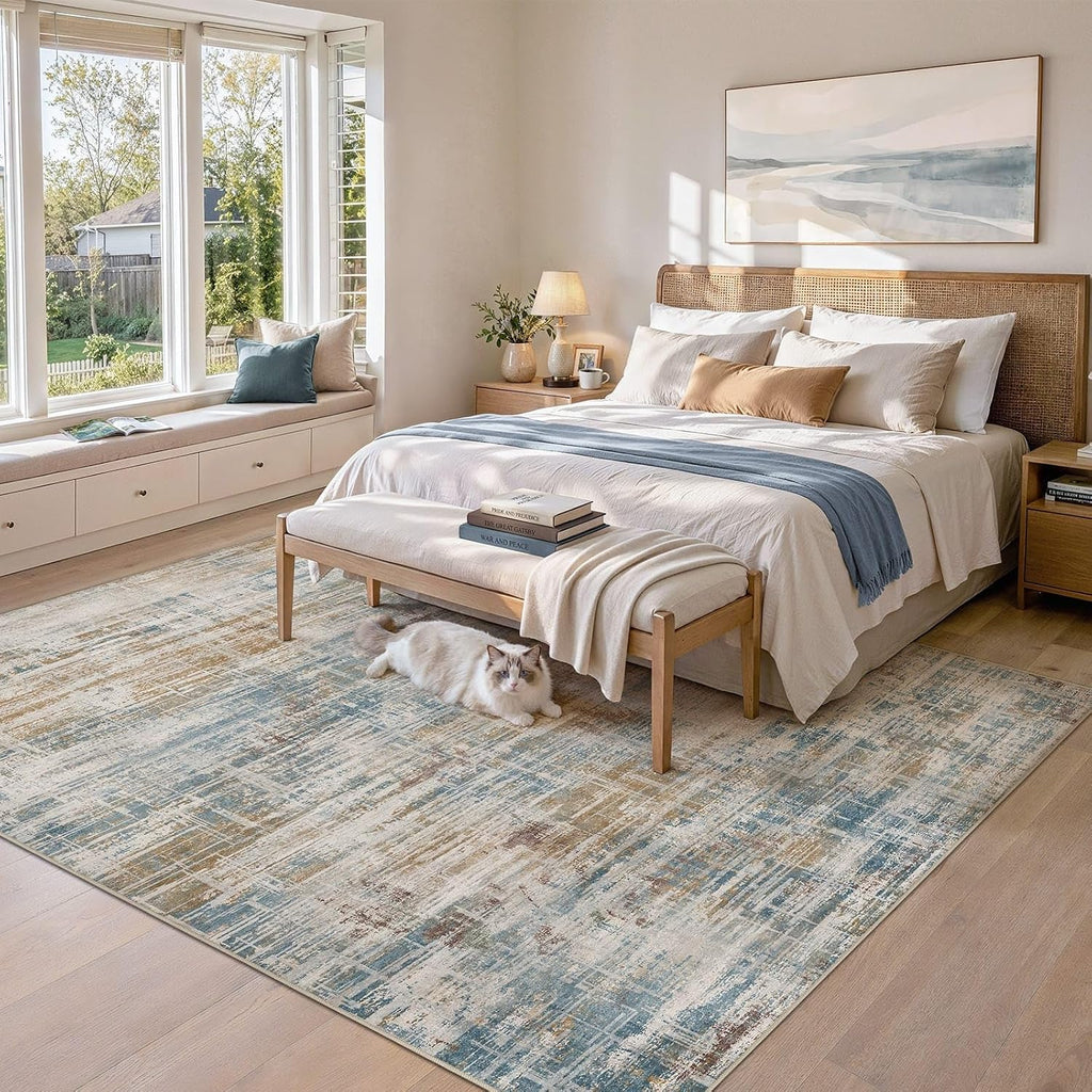 UERMEI 6x9 Area Rug for Living Room Washable Abstract Blue Brown Carpet
