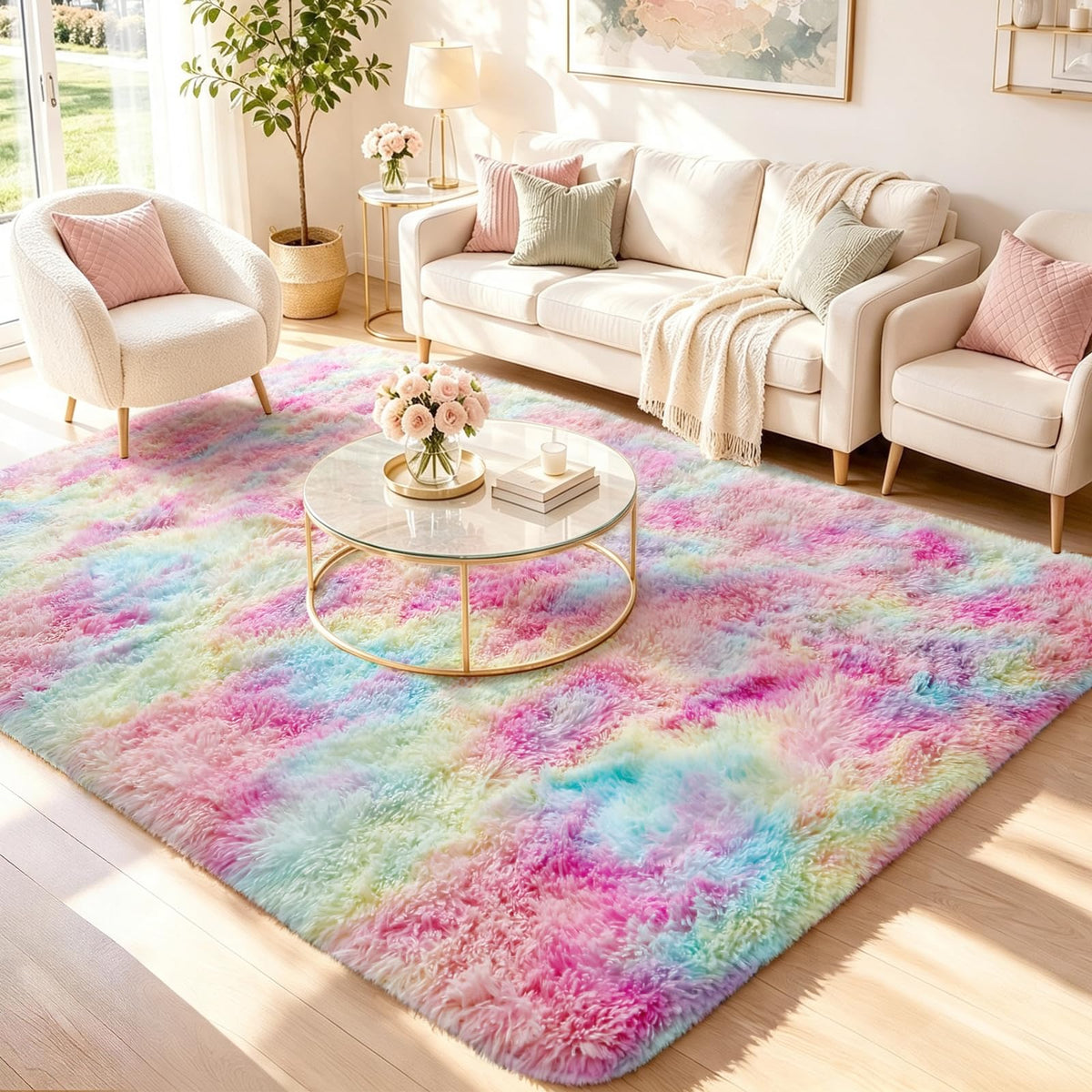 Ophanie Area Rugs for Bedroom, Christmas Upgrade Non-Slip Ivory Fluffy Soft Shag Living Room Carpet, Indoor Floor 4x6 Fuzzy Shaggy Plush Nursery Rug for Kids Dorm Decor with Over 99 pcs Pile fibers