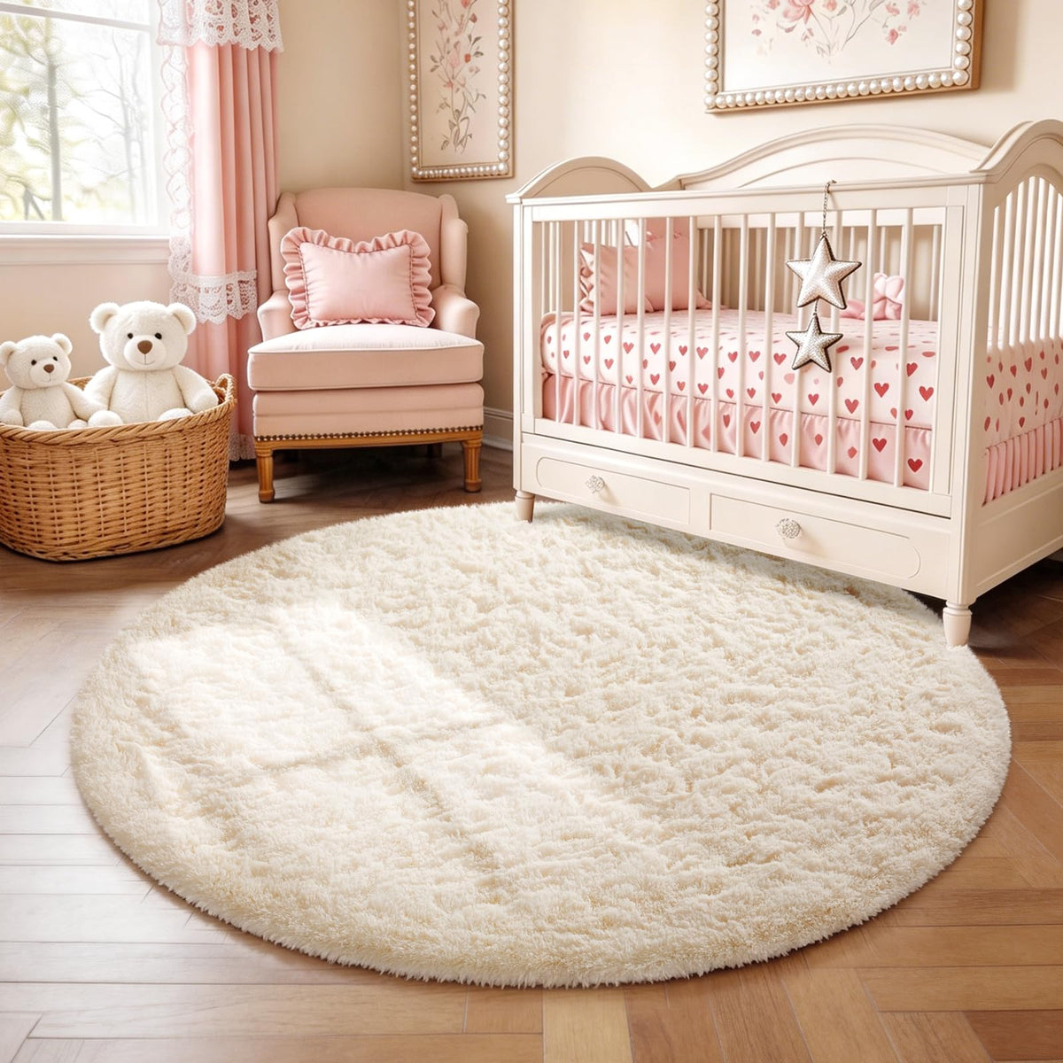 Ophanie Round Rugs 5Ft Ivory Circle Area Rug,Baby Nursery Living Room Bedroom Decor Circular Carpet 5 Foot,Fluffy Fuzzy Shag Plush Cream for Kids Boys Girls Teen with Over 99 pcs Pile fibers