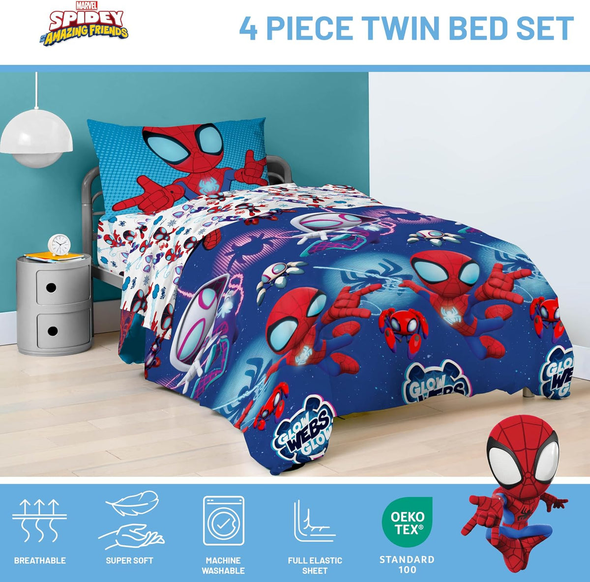 Jay Franco Marvel Spidey & His Amazing Friends Twin Size Comforter Set - 4 Piece Includes Sheet Set, Pillow Covers & Bonus Duffle Bag - Super Soft Kids Bedding with Ghost Spider and Miles Morales
