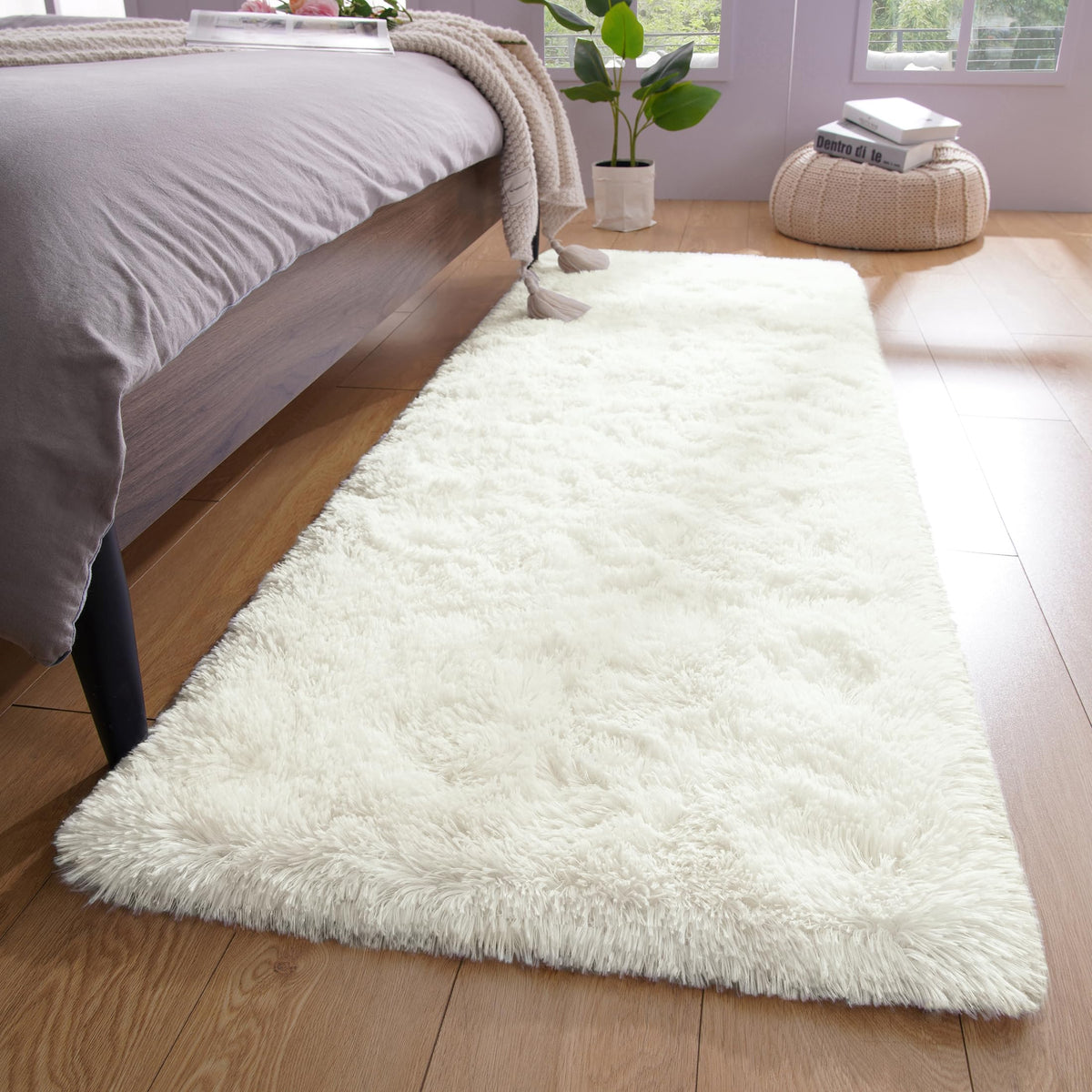 YJ.GWL Shag Runner Rug Non Slip for Bedroom Living Room Soft Small Rugs for Dorm, 2x6 Feet Grey Plush Carpet Runner for Nursery Dorm, Fuzzy Bedside Rug for Kids Boys Girls Room Home Decor