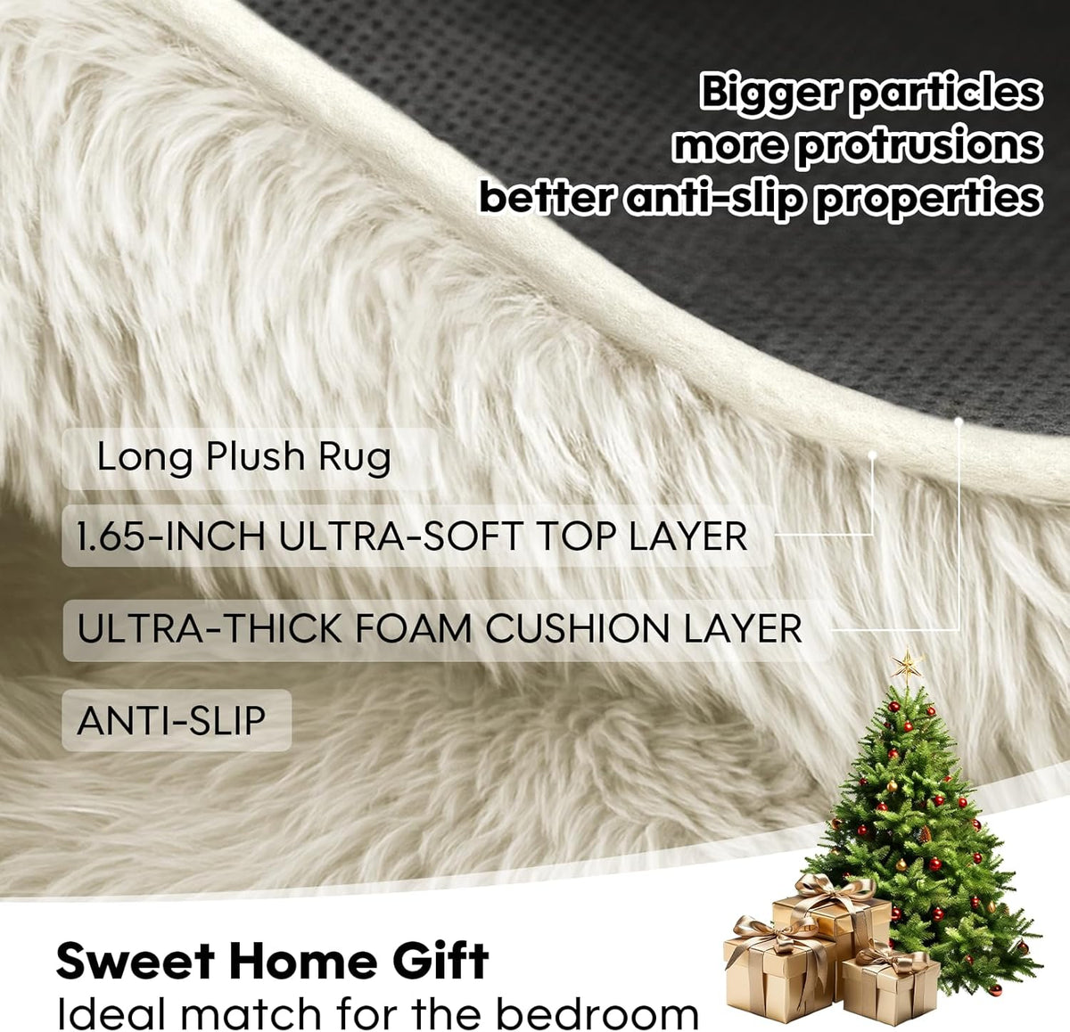 8x10 Cream Fluffy Shag Area Rug, Non-Slip Soft Carpet for Home