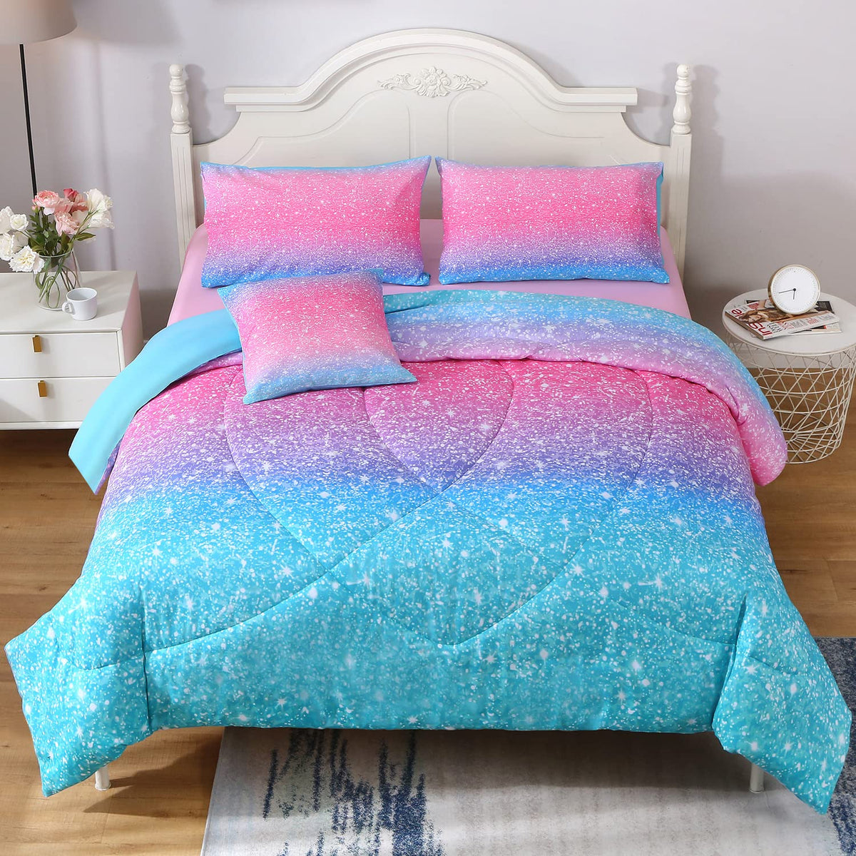 JQinHome Twin Pink Purple Comforter Set, 6 Piece Bed in A Bag 3D Colorful Bedding Set for Girls Kids (1 Comforter,2 Pillowcases,1 Flat Sheet,1 Fitted Sheet,1 Cushion Cover)(Pink Purple)