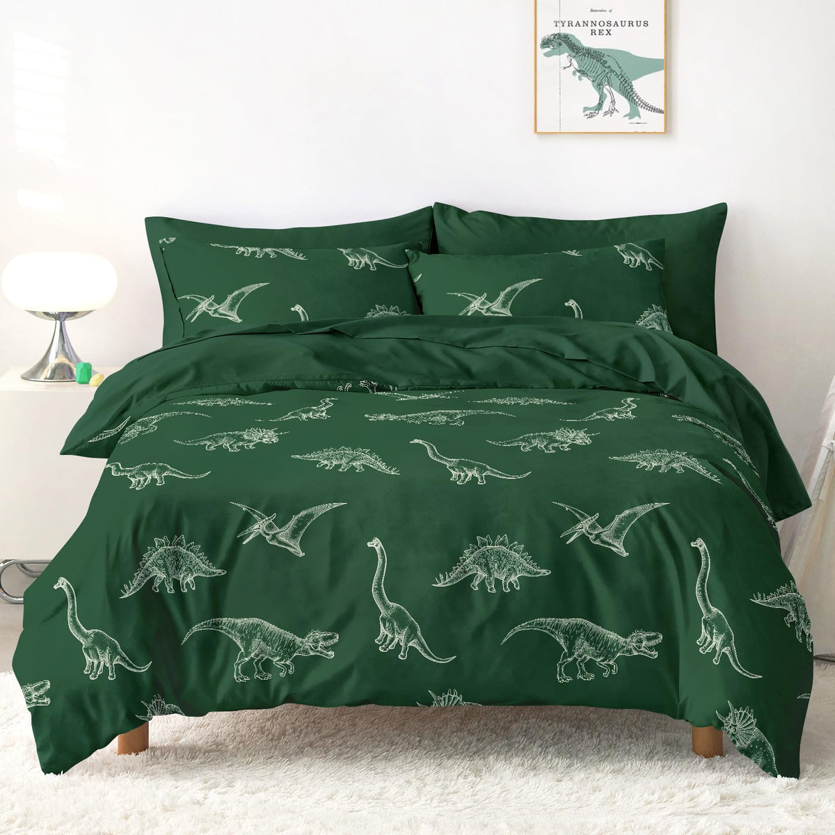 Wake In Cloud - Dinosaur Bedding Set for Boys, Dinosaur Sketch Patterned Soft Lightweight Comforter Set with Sheets, 5 Pieces Kids Bed in a Bag, Gray, Twin Size