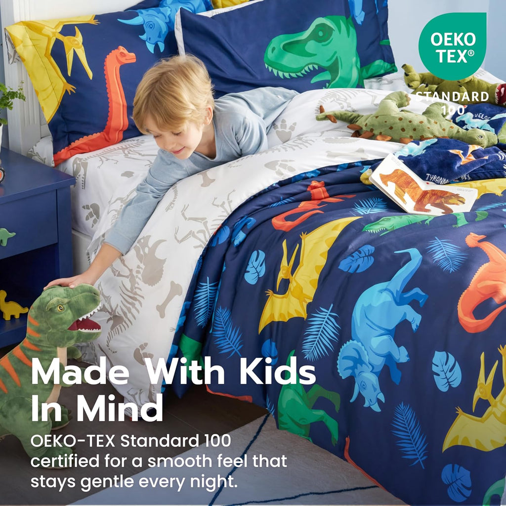 Joiedomi Kids Comforter Set Bedding Set for Boys Girls Super Soft Microfiber Bed in a Bag with Comforter Sheets Pillowcase Sham, Dark Blue Dinosaur, Twin