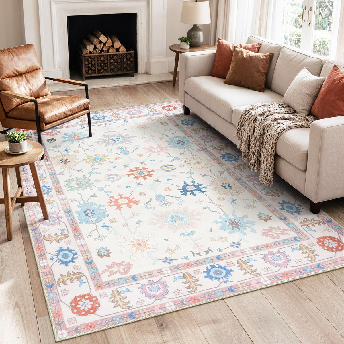 LIVEBOX Washable Oushak Rug Non Slip 8 x 10 Rugs for Living Room, Soft Turkish Rug for Bedroom, Boho Floral Mat Large Indoor Carprt for Kids Nursery, Dining Room, Home Office, Blue