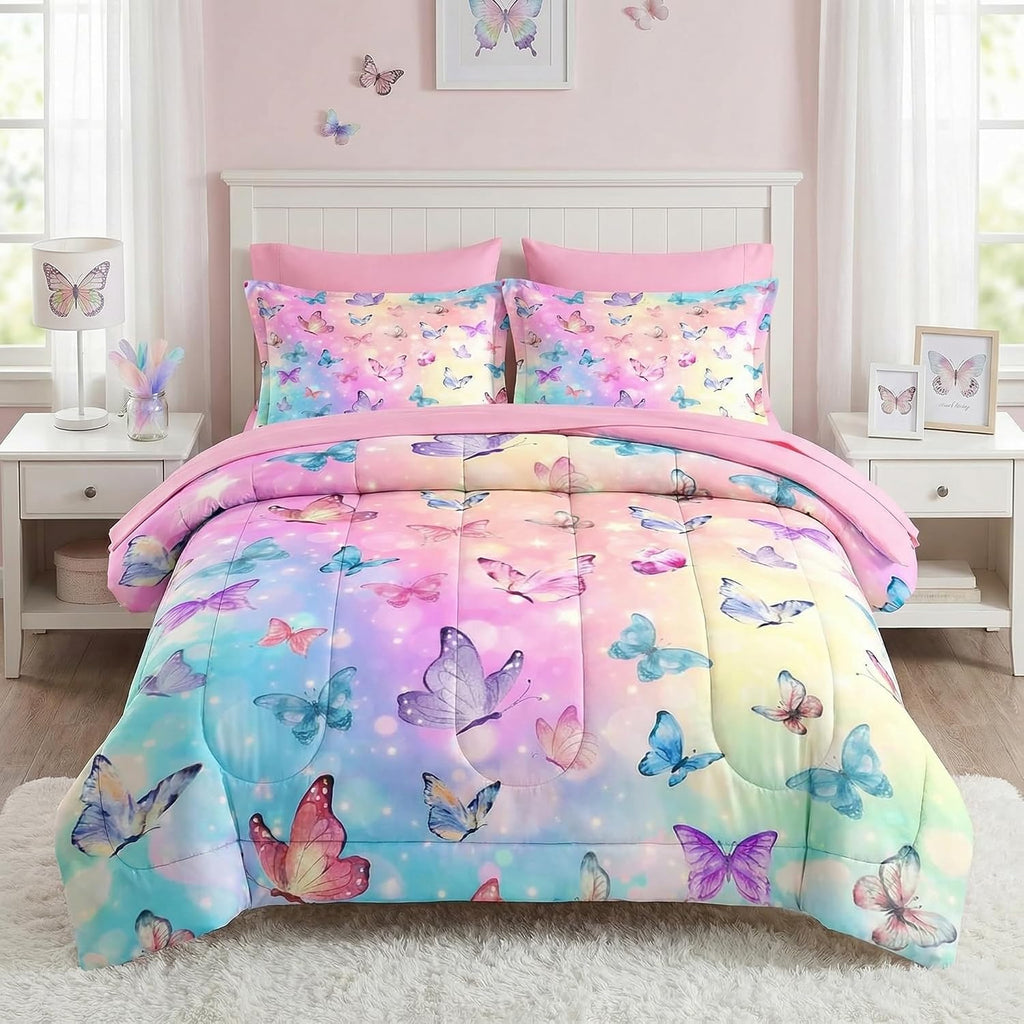 Pamnest Twin Comforter Set for Girls, 5 Pieces Butterfly Bedding Set