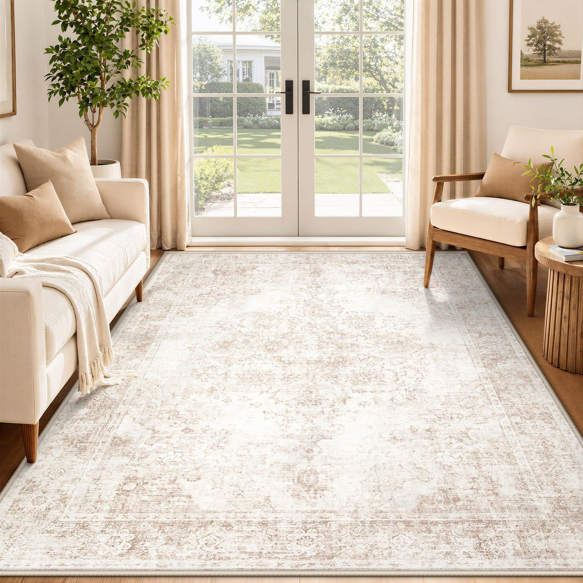 Area Rug 5x7 Vintage Rug: Washable Indoor Medallion Rugs Low Pile Distressed Floor Carpet Retro Accent Rug for Living Room Bedroom Kitchen Dining Table Home Office(Beige, 5'x7')