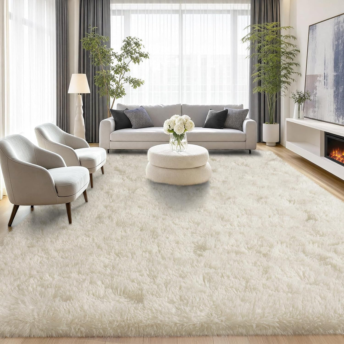 Large Cream White Rugs 5x7, Fluffy Shag Living Room Area Rugs