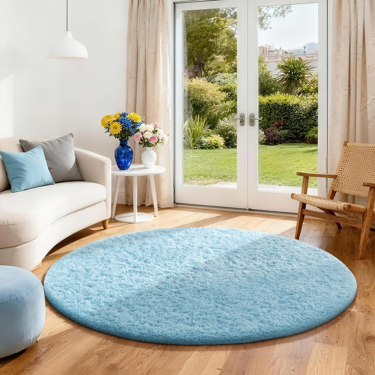 Ophanie Round Rugs 5Ft Ivory Circle Area Rug,Baby Nursery Living Room Bedroom Decor Circular Carpet 5 Foot,Fluffy Fuzzy Shag Plush Cream for Kids Boys Girls Teen with Over 99 pcs Pile fibers