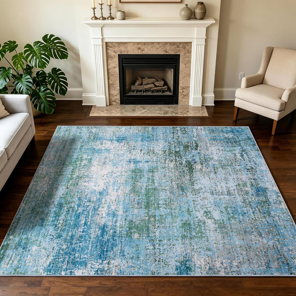 5x7 Area Rugs Living Room Rug Abstract Washable Rug Non-Slip Soft Low Pile Indoor Floor Stain Resistant Thin Carpet for Bedroom Dining Room Home Office Farmhouse Nursery - Light Gray & Cream 5' x 7'