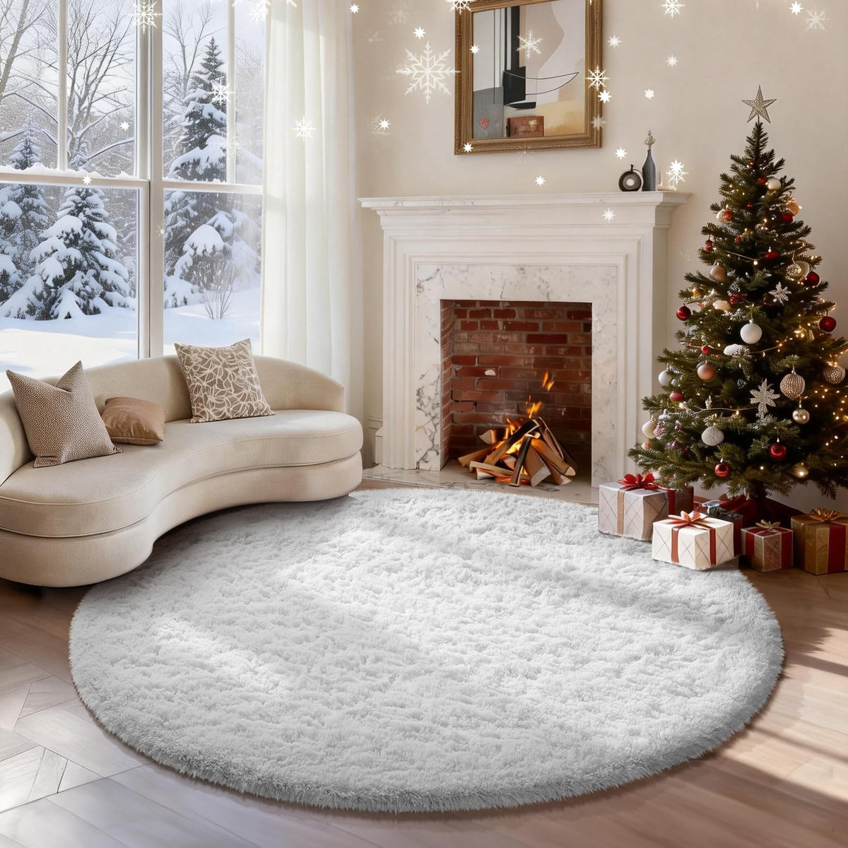 Ophanie Round Rugs 5Ft Ivory Circle Area Rug,Baby Nursery Living Room Bedroom Decor Circular Carpet 5 Foot,Fluffy Fuzzy Shag Plush Cream for Kids Boys Girls Teen with Over 99 pcs Pile fibers