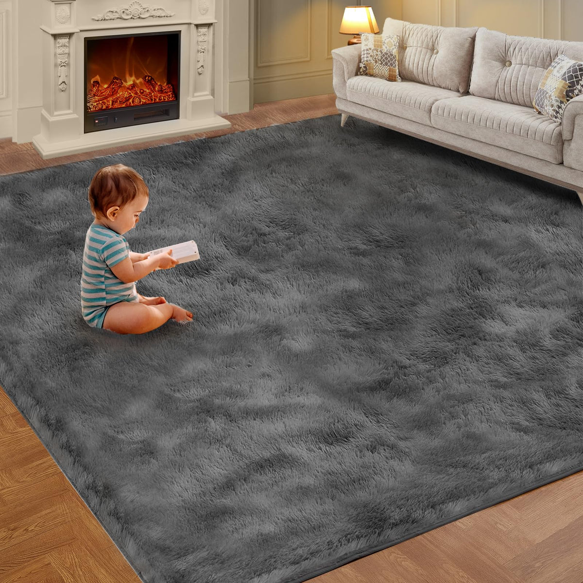 Shag Area Rugs for Living Room 5x7 Feet, Upgrade Anti-Skid Rectangular Cozy Rug, Indoor Floor Carpet for Kids Boys Girls Dorm Bedroom Playroom, Home Decor Aesthetic, Tie-Dyed Dark Gray