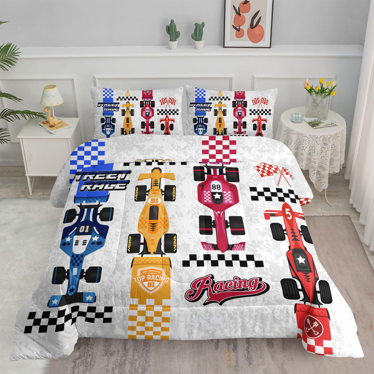 Axolotl Kid Comforter Set Twin Size,Racing Car Bedding Set for Boys Girls Teen Kids Children Racing Gifts,Race Cars Quilt Bed Set with 1 Comforter 2 Pillowcases,Red Grey