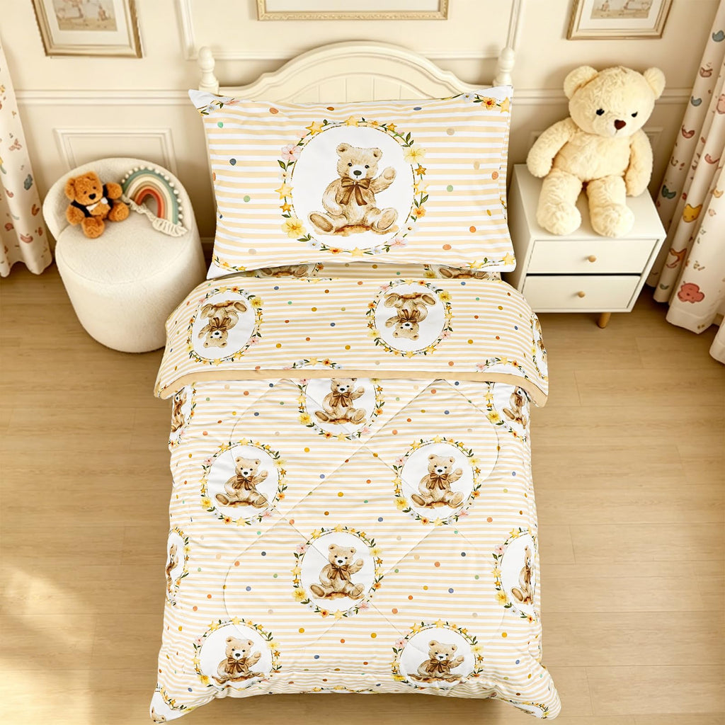 Hooyax Toddler Bedding Set for Girls - 4 Piece Rainbow Toddler Comforter Set Includes Fitted Sheet, Comforter, Pillowcase & Flat Sheet - Soft Comfort Microfiber for All Seasons
