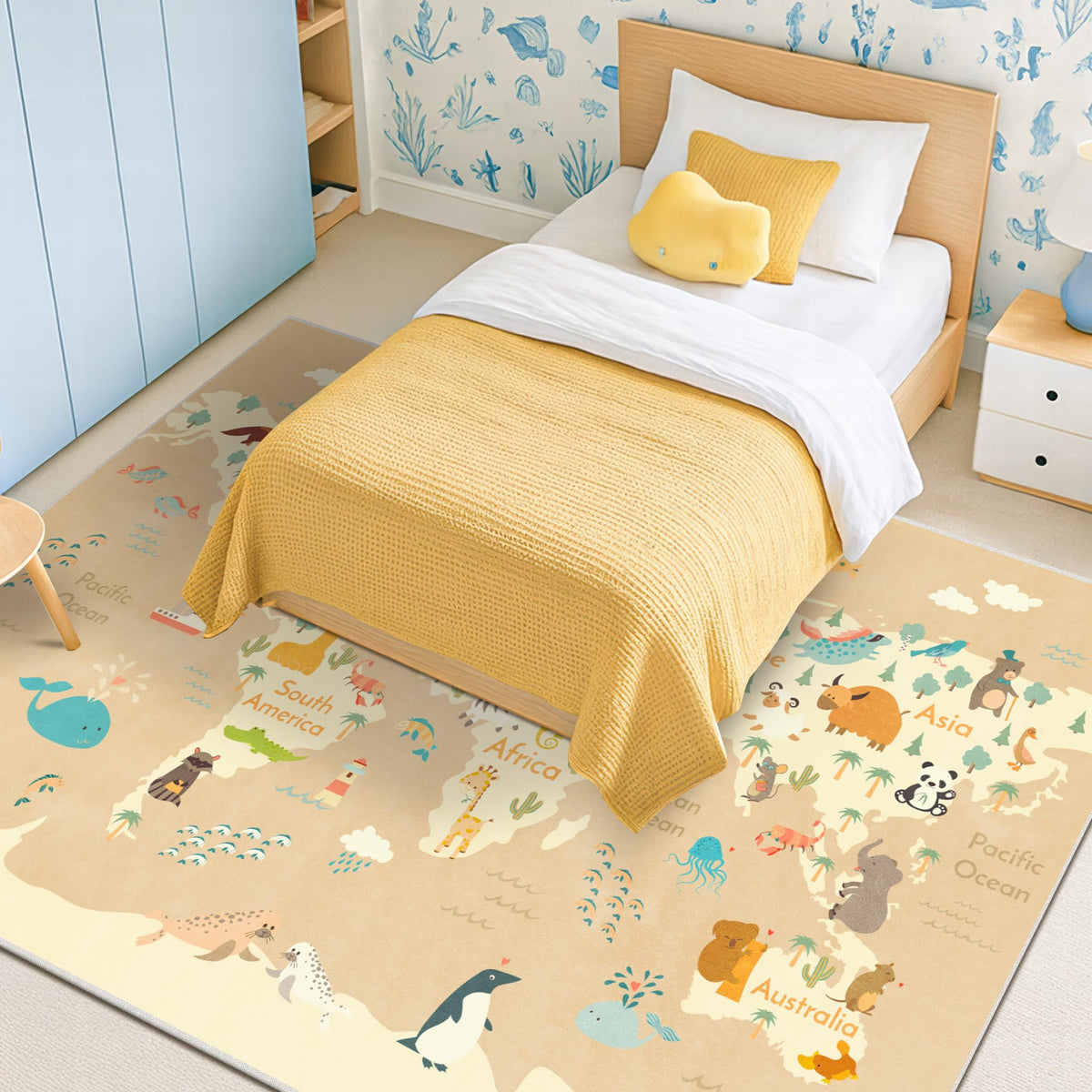 Hazo Haus Washable Kids Playroom Rug – 5x7 Play Rug for Preschool Toddlers, Girls, Educational with Cute Animals – Non-Slip, Stain Resistant, Soft & Safe for Bedroom, Play Room and Classroom - Blue