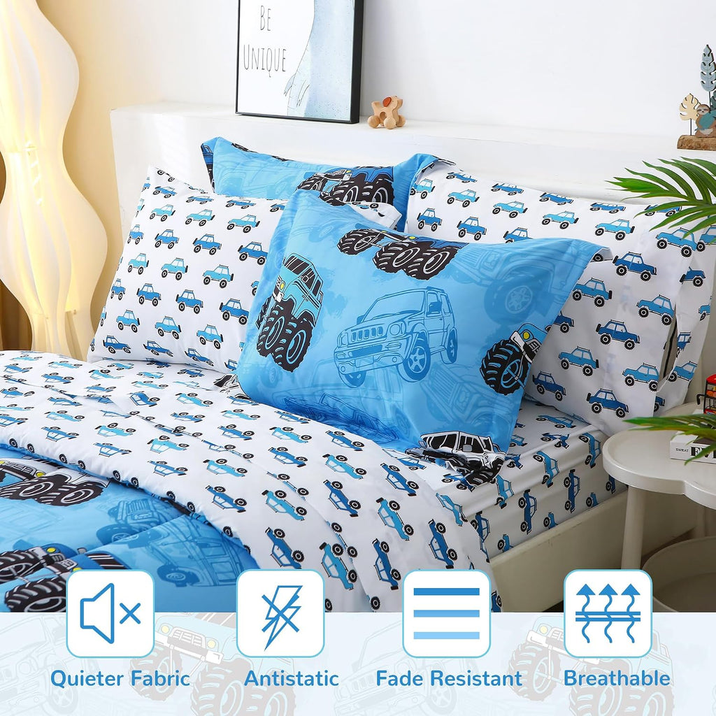 Mooreeke Kids Twin Comforter Sets for Boys 6 Pieces Truck Blue Bedding Set for Teens Soft Microfiber Kids Bed in A Bag with Comforter, Sheet Set, Shams and Decorative Toy Pillow All Season